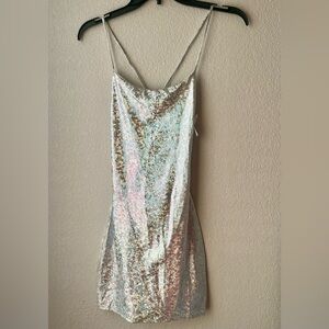 Silver Sequin Slip Party Dress Back Lace up Size S Brand New !